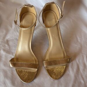 David's Bridal Gold Glitter Ankle-Strap Heels